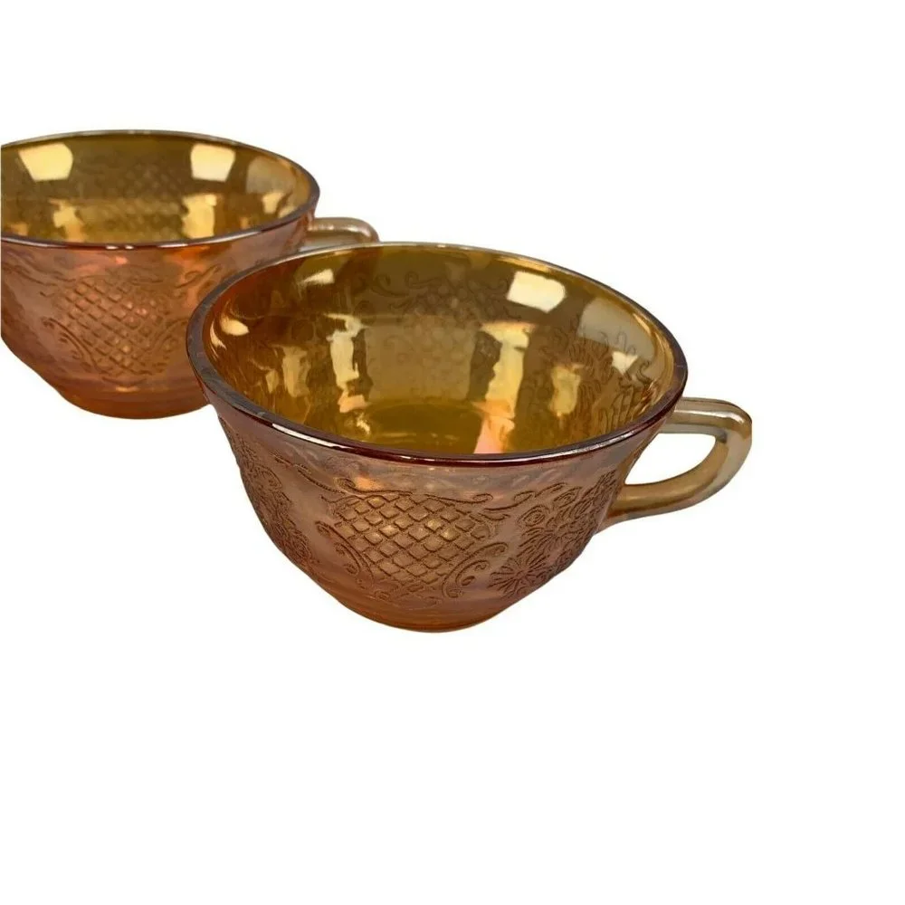 Vintage Iridescent Orange Pressed Glass Teacups Set of 4 Floral 7 oz Cottagecore